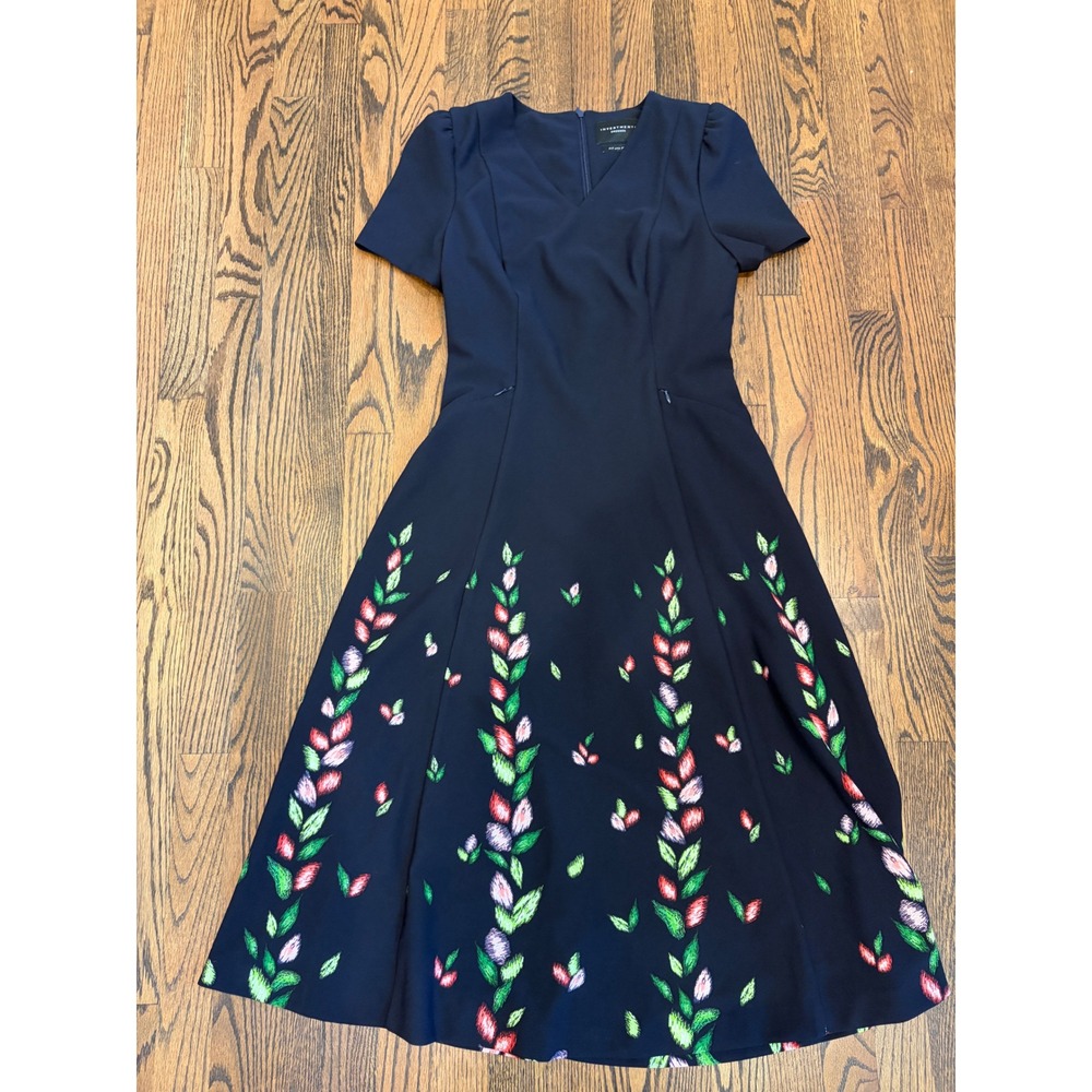 Investments Fit and Flare Dress 6 Navy Botanical Floral Pockets Midi Office